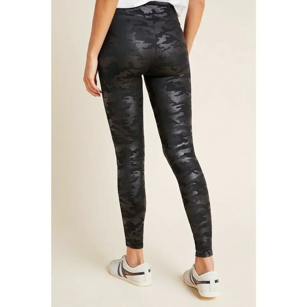 Spanx Legging Womens S Small Black Camo Faux Leather Pull On Wide Band Fitted